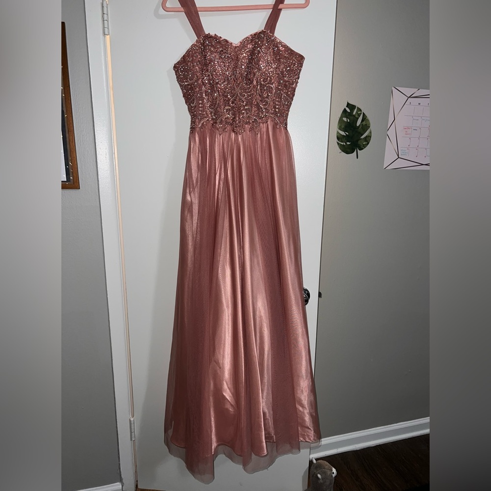 Pink satin and tulle corset dress with rhinestones
